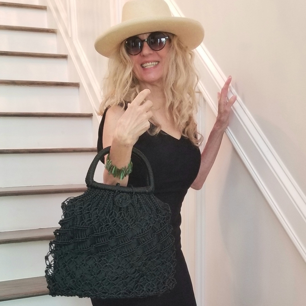 Vintage 1970's Vibe Crochet Black Nylon Tote Handbag, Medium, $25